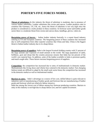 10
PORTER’S FIVE FORCES MODEL
Threat of substitutes: In this industry the threat of substitute is moderate, due to presence of
various leather substitutes. Leather substitutes like rexine and canvas. Leather products cater to
countries like Germany, US, UK, etc., hence the threat of substitute is not very high since the
product is considered as a niche product in these countries. In footwear sector and leather goods
sector there is a moderate threat from rexine and canvas shoes, handbags, gloves, valets etc.
Bargaining power of buyers : Indian leather industry basically is a export based industry
catering to US and European countries. The bargaining power of these countries has increased
due to stiff competition from other exporter countries like China and Italy. China is the biggest
threat to Indian leather industry due to its cheap labour.
Bargaining power of suppliers: India is the largest livestock holding country with 21 percent of
the large animals and 11percent of small animals in the world. The large population of cattle,
buffaloes, goat and sheep that the country possesses ensures that India has ten percent of the
world’s raw material base. In addition, some of the leather available in India is premium quality
and much sought after. These factors increase bargaining power of suppliers.
Competition: the competition has increased due to entry of multinationals in domestic market.
Multinationals like Irving shoes and Liberty have entered in the domestic market. Fast changing
fashion trends are difficult to adapt by the small scale sector hence the competition has increased
in the domestic market as well as international market.
Barriers to entry : India’s advantage as a source of low cost, skilled labour is quite relevant to
industries such as manufacturing of leather goods and footwear that are manufacturing of leather
goods and footwear which are relatively labour intensive.
India has among the lowest cost of labour among key footwear producing countries. Barriers to
entry in this industry is not high due to cheap labour cost, and low capital investment.
 