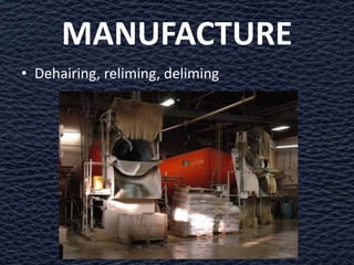 MANUFACTURE
• Dehairing, reliming, deliming
 