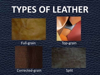 TYPES OF LEATHER


   Full-grain      Top-grain




 Corrected-grain     Split
 