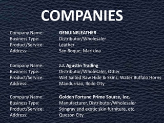 COMPANIES
Company Name:      GENUINELEATHER
Business Type:     Distributor/Wholesaler
Product/Service:   Leather
Address:           San Roque, Marikina

Company Name:      J.J. Agustin Trading
Business Type:     Distributor/Wholesaler, Other
Product/Service:   Wet Salted Raw Hide & Skins, Water Buffalo Horns
Address:           Mandurriao, Iloilo CIty

Company Name:      Golden Fortune Prime Source, Inc.
Business Type:     Manufacturer, Distributor/Wholesaler
Product/Service:   Stingray and exotic skin furniture, etc.
Address:           Quezon City
 