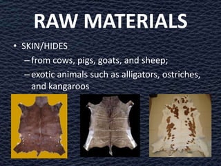 RAW MATERIALS
• SKIN/HIDES
   – from cows, pigs, goats, and sheep;
   – exotic animals such as alligators, ostriches,
     and kangaroos
 