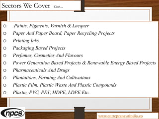 Sectors We Cover Cont…
o Paints, Pigments, Varnish & Lacquer
o Paper And Paper Board, Paper Recycling Projects
o Printing Inks
o Packaging Based Projects
o Perfumes, Cosmetics And Flavours
o Power Generation Based Projects & Renewable Energy Based Projects
o Pharmaceuticals And Drugs
o Plantations, Farming And Cultivations
o Plastic Film, Plastic Waste And Plastic Compounds
o Plastic, PVC, PET, HDPE, LDPE Etc.
www.entrepreneurindia.co
 