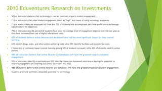 2010 Eduventures Research on Investments
 58% of instructors believe that technology in courses positively impacts student engagement.
 71% of instructors that rated student engagement levels as “high” as a result of using technology in courses.
 71% of students who are employed full-time and 77% of students who are employed part-time prefer more technology-
based tools in the classroom.
 79% of instructors and 86 percent of students have seen the average level of engagement improve over the last year as
they have increased their use of digital educational tools.
 87% of students believe online libraries and databases have had the most significant impact on their overall
learning.
 62% identify blogs, wikis, and other online authoring tools while 59% identify YouTube and recorded lectures.
 E-books and e-textbooks impact overall learning among 50% of students surveyed, while 42% of students identify online
portals.
 44% of instructors believe that online libraries and databases will have the greatest impact on student
engagement.
 32% of instructors identify e-textbooks and 30% identify interactive homework solutions as having the potential to
improve engagement and learning outcomes. (e-readers was 11%)
 49% of students believe that online libraries and databases will have the greatest impact on student engagement.
 Students are more optimistic about the potential for technology.
 