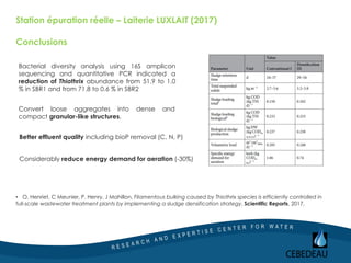 Station épuration réelle – Laiterie LUXLAIT (2017)
Conclusions
Bacterial diversity analysis using 16S amplicon
sequencing and quantitative PCR indicated a
reduction of Thiothrix abundance from 51.9 to 1.0
% in SBR1 and from 71.8 to 0.6 % in SBR2
Convert loose aggregates into dense and
compact granular-like structures.
Better effluent quality including bioP removal (C, N, P)
Considerably reduce energy demand for aeration (-30%)
• O. Henriet, C Meunier, P. Henry, J Mahillon, Filamentous bulking caused by Thiothrix species is efficiently controlled in
full-scale wastewater treatment plants by implementing a sludge densification strategy, Scientific Reports, 2017,
 