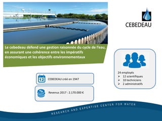 Le cebedeau défend une gestion raisonnée du cycle de l’eau,
en assurant une cohérence entre les impératifs
économiques et les objectifs environnementaux
CEBEDEAU créé en 1947
24 employés
Ø 12 scientifiques
Ø 10 techniciens
Ø 2 administratifs
Revenus 2017 : 2.170.000 €
 