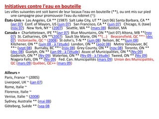 Initiatives contre l'eau en bouteilleLes villes suivantes ont soit banni de leur locaux l'eau en bouteille (**), ou ont mis sur pied une campagne pour promouvoir l'eau du robinet (~): États-Unis =  Los Angeles, CA ** (1987)  Salt Lake City, UT ** (oct 06) Santa Barbara, CA ** (avr 07)  Conf. of Mayors, US (juin 07)   San Francisco, CA ** (juin 07)   Chicago, IL (taxe) (nov 07)   New York, NY ~ (2007)    Seattle, WA ** (mars 08)  Boston, MACanada =  Charlottetown, IPE **(avr 07)  Blue Mountains, ON **(oct 07) Altona, MB **(nov 07)  St. Catharines, ON **(2007)   Sault Ste Marie, ON **(...)    Beaconsfield, QC **~ (déc 07)  Victoriaville, QC ~ (2008)  St-John's, T-N ** (juin 08)  Nelson, BC **(juin 08)    Kitchener, ON ** (juin 08 - à l'étude)  London, ON ** (août 08)   Metro Vancouver, BC **~ (sept 08)   Burnaby, BC **~ (nov 08)  Grey County, ON ** (nov 08)  Toronto, ON ** (dec 08)  Guelph, ON ** (jan 09 - à l'étude)  Assoc of Municipalities, ON **(fév 09)  Goderich, ON ** (fév 09)  Waterloo, ON ** (fév 09 - à l'étude)  Tweed, ON ** (fév 09)  Niagara Falls, ON ** (fév 09)   Fed. Can. Municipalités (mars 09)  Union des Municipalités, QC (mars 09) Québec, QC++ (mars 09)Ailleurs = Paris, France ~ (2005)Liverpool, UK ~ (jan 07)Rome, Italie ~Florence, Italie ~Venise, Italie ~ (2008)Sydney, Australie ** (mai 08)Göteborg, Suède ** (sep 08