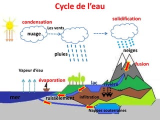 Cycle de l’eau
Les vents
mer
évaporation
condensation
Vapeur d’eau
pluies
neiges
fusion
rivière
lac
Nappes souterraines
infiltration
nuage
solidification
ruissèlement
 