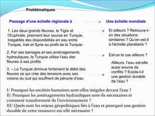 Problématiques


 Passage d'une échelle régionale à                     Une échelle mondiale

1. Les deux grands fleuves, le Tigre et                 Et ailleurs ? Retrouve-t-
l’Euphrate, prennent leur source en Turquie.            on des situations
Inégalités des disponibilités en eau entre              similaires ? Qu’en est-il
Turquie, Irak et Syrie au profit de la Turquie          à l'échelle planétaire ?

2. Par ses barrages et ses aménagements
                                                        Est-ce le cas ailleurs ?
hydrauliques, la Turquie utilise l’eau des
fleuves à ses profits                                    Ailleurs, l’eau est-elle
3. – La Turquie diminue fortement le débit des           aussi source de
fleuves ce qui crée des tensions avec ses                conflits ? Existe-t-il
voisins du sud qui souffrent de pénurie d’eau            une gestion durable
                                                         de l’eau ?

I/ Pourquoi les sociétés humaines sont-elles inégales devant l’eau ?
II/ Pourquoi les aménagements hydrauliques sont-ils nécessaires et
comment transforment-ils l’environnement ?
III/ Quels sont les enjeux géopolitiques liés à l’eau et pourquoi une gestion
durable de cette ressource est-elle nécessaire ?
 