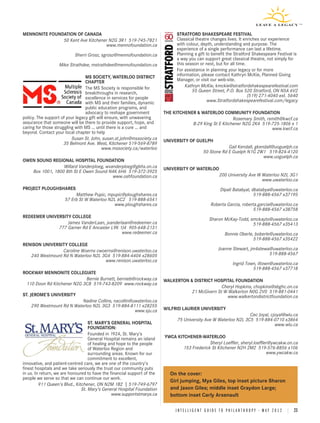 MENNONITE FOUNDATION OF CANADA                                                 STRATFORD SHAKESPEARE FESTIVAL
               50 Kent Ave Kitchener N2G 3R1 519-745-7821                      Classical theatre changes lives. It enriches our experience
                                   www.mennofoundation.ca                      with colour, depth, understanding and purpose. The
                                                                               experience of a single performance can last a lifetime.
                           Sherri Grosz, sgrosz@mennofoundation.ca             Planning a gift to benefit the Stratford Shakespeare Festival is
                                                                               a way you can support great classical theatre, not simply for
                  Mike Strathdee, mstrathdee@mennofoundation.ca                this season or next, but for all time.
                                                                               For assistance in planning your legacy or for more
                                 MS SOCIETY, WATERLOO DISTRICT                 information, please contact Kathryn McKie, Planned Giving
                                 CHAPTER                                       Manager, or visit our web-site.
                                 The MS Society is responsible for                 Kathryn McKie, kmckie@stratfordshakespearefestival.com
                                 breakthroughs in research,                            55 Queen Street, P.O. Box 520 Stratford, ON N5A 6V2
                                 excellence in services for people                                                    (519) 271-4040 ext. 5640
                                 with MS and their families, dynamic                           www.Stratfordshakespearefestival.com/legacy
                                 public education programs, and
                                 advocacy to reshape government          THE KITCHENER & WATERLOO COMMUNITY FOUNDATION
policy. The support of your legacy gift will ensure, with unwavering                                     Rosemary Smith, rsmith@kwcf.ca
assurance that someone will be there to provide support, hope, and                   B-29 King St E Kitchener N2G 2K4 519-725-1806 x 1
caring for those struggling with MS … until there is a cure … and                                                          www.kwcf.ca
beyond. Contact your local chapter to help
                          Susan St. John, susan.st.john@mssociety.ca     UNIVERSITY OF GUELPH
                      35 Belmont Ave. West, Kitchener 519-569-8789
                                          www.mssociety.ca/waterloo                                        Gail Kendall, gkendall@uoguelph.ca
                                                                                               50 Stone Rd E Guelph N1G 2W1 519-824-4120
                                                                                                                             www.uoguelph.ca
OWEN SOUND REGIONAL HOSPITAL FOUNDATION
                 Willard Vanderploeg, wvanderploeg@gbhs.on.ca            UNIVERSITY OF WATERLOO
   Box 1001, 1800 8th St E Owen Sound N4K 6H6 519-372-3925
                                         www.oshfoundation.ca                                  200 University Ave W Waterloo N2L 3G1
                                                                                                                    www.uwaterloo.ca
PROJECT PLOUGHSHARES                                                                                       Dipali Batabyal, dbatabya@uwaterloo.ca
                          Matthew Pupic, mpupic@ploughshares.ca                                                              519-888-4567 x37195
                     57 Erb St W Waterloo N2L 6C2 519-888-6541
                                            www.ploughshares.ca                                     Roberta Garcia, roberta.garcia@uwaterloo.ca
                                                                                                                          519-888-4567 x38758
REDEEMER UNIVERSITY COLLEGE
                                                                                                   Sharon McKay-Todd, smckayto@uwaterloo.ca
                  James VanderLaan, jvanderlaan@redeemer.ca                                                            519-888-4567 x35413
              777 Garner Rd E Ancaster L9K 1J4 905-648-2131
                                            www.redeemer.ca                                                   Bonnie Oberle, boberle@uwaterloo.ca
                                                                                                                            519-888-4567 x35422
RENISON UNIVERSITY COLLEGE
                 Caroline Woerns cwoerns@renison.uwaterloo.ca                                            Joanne Stewart, jm4stewa@uwaterloo.ca
   240 Westmount Rd N Waterloo N2L 3G4 519-884-4404 x28605                                                                       519-888-4567
                                     www.renison.uwaterloo.ca
                                                                                                                   Ingrid Town, iltown@uwaterloo.ca
                                                                                                                             519-888-4567 x37718
ROCKWAY MENNONITE COLLEGIATE
                            Bernie Burnett, bernieb@rockway.ca           WALKERTON & DISTRICT HOSPITAL FOUNDATION
 110 Doon Rd Kitchener N2G 3C8 519-743-8209 www.rockway.ca
                                                                                                 Cheryl Hopkins, chopkins@sbghc.on.ca
                                                                                   21 McGivern St W Walkerton N0G 2V0 519-881-0441
ST. JEROME’S UNIVERSITY                                                                            www.walkertondistrictfoundation.ca
                           Nadine Collins, nacollin@uwaterloo.ca
    290 Westmount Rd N Waterloo N2L 3G3 519-884-8111 x28255
                                                     www.sju.ca          WILFRID LAURIER UNIVERSITY
                                                                                                                  Cec Joyal, cjoyal@wlu.ca
                                                                               75 University Ave W Waterloo N2L 3C5 519-884-0710 x3864
                                   ST. MARY’S GENERAL HOSPITAL                                                                 www.wlu.ca
                                   FOUNDATION:
                                   Founded in 1924, St. Mary’s
                                   General Hospital remains an island    YWCA KITCHENER-WATERLOO
                                   of healing and hope to the people                         Sheryl Loeffler, sheryl.loeffler@ywcakw.on.ca
                                   of Waterloo Region and                       153 Frederick St Kitchener N2H 2M2 519-576-8856 x106
                                   surrounding areas. Known for our                                                         www.ywcakw.ca
                                   commitment to excellent,
innovative, and patient-centred care, we are one of the country’s
finest hospitals and we take seriously the trust our community puts
in us. In return, we are honoured to have the financial support of the      On the cover:
people we serve so that we can continue our work.
                                                                            Girl jumping, Mya Giles, top inset picture Sharon
         911 Queen’s Blvd., Kitchener, ON N2M 1B2 | 519-749-6797
                               St. Mary’s General Hospital Foundation       and Jaxon Giles; middle inset Graydon Large;
                                               www.supportstmarys.ca        bottom inset Carly Arsenault

                                                                              I N T E L L I G E N T G U I D E T O P H I L A N T H R O P Y • M A Y 2 0 1 2 | 23
 