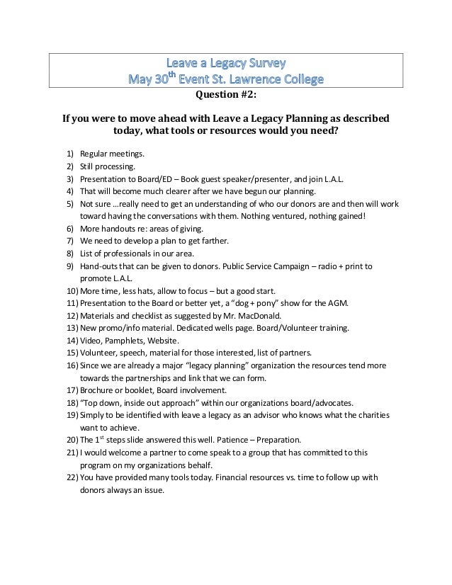 leave a legacy survey question 1 2 3 2013 event