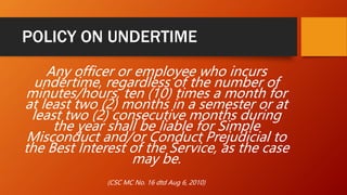 POLICY ON UNDERTIME
Any officer or employee who incurs
undertime, regardless of the number of
minutes/hours, ten (10) times a month for
at least two (2) months in a semester or at
least two (2) consecutive months during
the year shall be liable for Simple
Misconduct and/or Conduct Prejudicial to
the Best Interest of the Service, as the case
may be.
(CSC MC No. 16 dtd Aug 6, 2010)
 