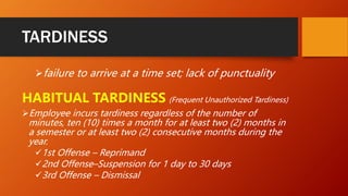 TARDINESS
failure to arrive at a time set; lack of punctuality
HABITUAL TARDINESS (Frequent Unauthorized Tardiness)
Employee incurs tardiness regardless of the number of
minutes, ten (10) times a month for at least two (2) months in
a semester or at least two (2) consecutive months during the
year.
1st Offense – Reprimand
2nd Offense–Suspension for 1 day to 30 days
3rd Offense – Dismissal
 