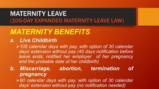 MATERNITY LEAVE
(105-DAY EXPANDED MATERNITY LEAVE LAW)
MATERNITY BENEFITS
a. Live Childbirth
105 calendar days with pay, with option of 30 calendar
days’ extension without pay (45 days notification before
leave ends, notified her employer of her pregnancy
and the probable date of her childbirth)
b. Miscarriage, abortion, termination of
pregnancy
60 calendar days with pay, with option of 30 calendar
days’ extension without pay (no notification needed)
 