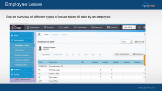 See an overview of different types of leaves taken till date by an employee.
Employee Leave