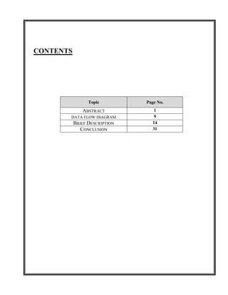 CONTENTS




                 Topic         Page No.
              ABSTRACT            1
       DATA FLOW DIAGRAM          9
           BRIEF DESCRIPTION     14
             CONCLUSION          31
 