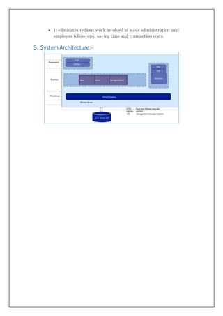  It eliminates tedious work involved in leave administration and
employee follow-ups, saving time and transaction costs.
5. System Architecture:-
 