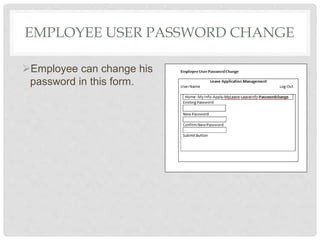 EMPLOYEE USER PASSWORD CHANGE
Employee can change his
password in this form.
 