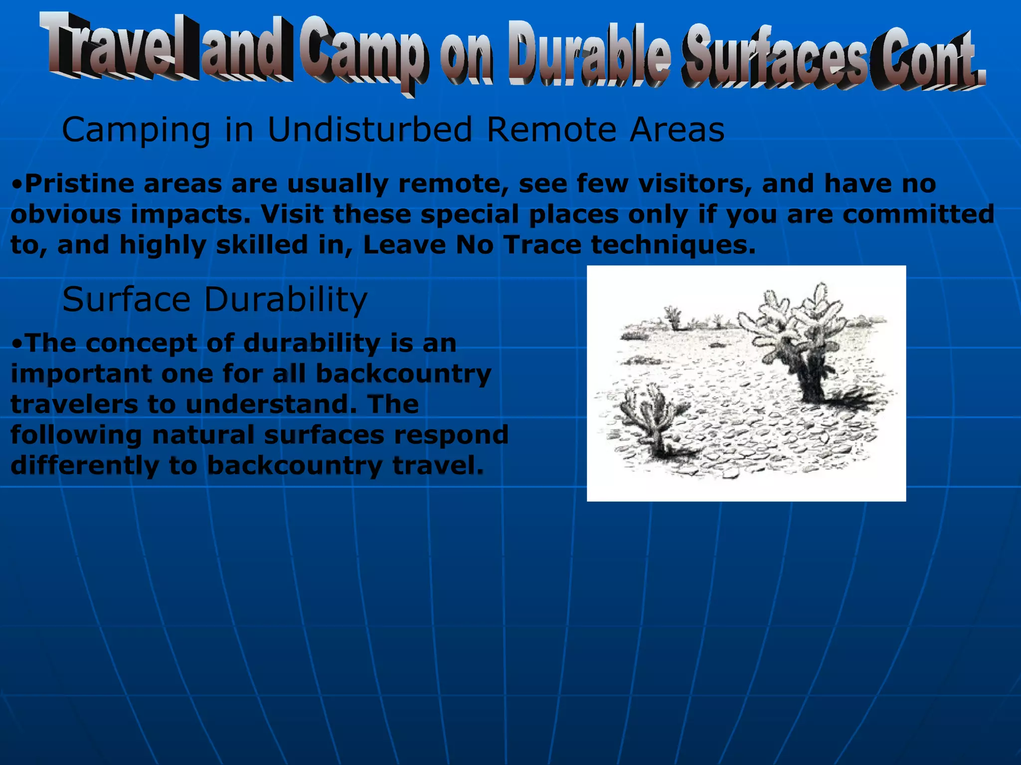 Travel and Camp on Durable Surfaces Cont. Camping in Undisturbed Remote Areas   Pristine areas are usually remote, see few visitors, and have no obvious impacts. Visit these special places only if you are committed to, and highly skilled in, Leave No Trace techniques.   Surface Durability   The concept of durability is an important one for all backcountry travelers to understand. The following natural surfaces respond differently to backcountry travel. 