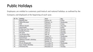 Public Holidays
Employees are entitled to customary paid festival and national holidays as outlined by the
Company and displayed at the beginning of each year.
 
