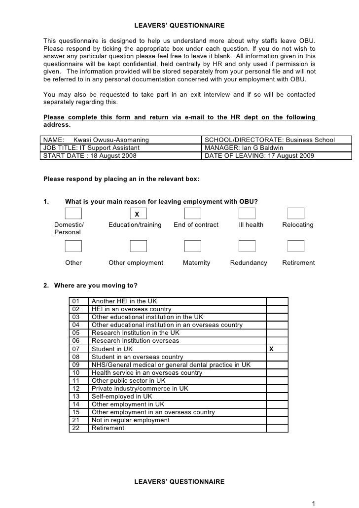 Leavers Questionnaire