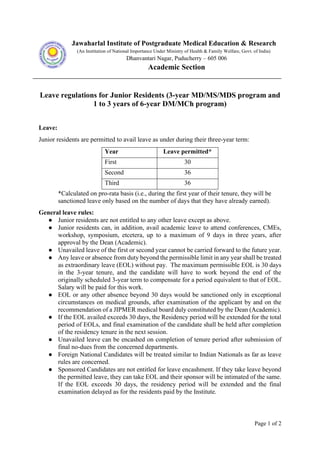 Page 1 of 2
Jawaharlal Institute of Postgraduate Medical Education & Research
(An Institution of National Importance Under Ministry of Health & Family Welfare, Govt. of India)
Dhanvantari Nagar, Puducherry – 605 006
Academic Section
Leave regulations for Junior Residents (3-year MD/MS/MDS program and
1 to 3 years of 6-year DM/MCh program)
Leave:
Junior residents are permitted to avail leave as under during their three-year term:
Year Leave permitted*
First 30
Second 36
Third 36
*Calculated on pro-rata basis (i.e., during the first year of their tenure, they will be
sanctioned leave only based on the number of days that they have already earned).
General leave rules:
● Junior residents are not entitled to any other leave except as above.
● Junior residents can, in addition, avail academic leave to attend conferences, CMEs,
workshop, symposium, etcetera, up to a maximum of 9 days in three years, after
approval by the Dean (Academic).
● Unavailed leave of the first or second year cannot be carried forward to the future year.
● Any leave or absence from duty beyond the permissible limit in any year shall be treated
as extraordinary leave (EOL) without pay. The maximum permissible EOL is 30 days
in the 3-year tenure, and the candidate will have to work beyond the end of the
originally scheduled 3-year term to compensate for a period equivalent to that of EOL.
Salary will be paid for this work.
● EOL or any other absence beyond 30 days would be sanctioned only in exceptional
circumstances on medical grounds, after examination of the applicant by and on the
recommendation of a JIPMER medical board duly constituted by the Dean (Academic).
● If the EOL availed exceeds 30 days, the Residency period will be extended for the total
period of EOLs, and final examination of the candidate shall be held after completion
of the residency tenure in the next session.
● Unavailed leave can be encashed on completion of tenure period after submission of
final no-dues from the concerned departments.
● Foreign National Candidates will be treated similar to Indian Nationals as far as leave
rules are concerned.
● Sponsored Candidates are not entitled for leave encashment. If they take leave beyond
the permitted leave, they can take EOL and their sponsor will be intimated of the same.
If the EOL exceeds 30 days, the residency period will be extended and the final
examination delayed as for the residents paid by the Institute.
 