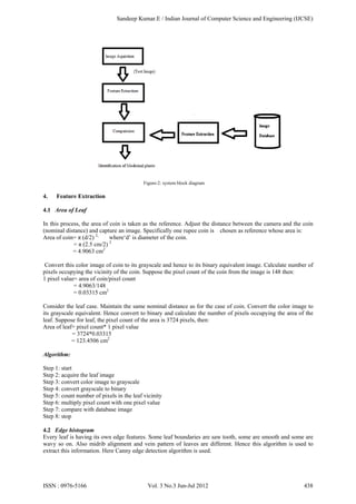 Figure-2: system block diagram
4. Feature Extraction
4.1 Area of Leaf
In this process, the area of coin is taken as the reference. Adjust the distance between the camera and the coin
(nominal distance) and capture an image. Specifically one rupee coin is chosen as reference whose area is:
Area of coin= π (d/2) 2;
where‘d’ is diameter of the coin.
= π (2.5 cm/2) 2
= 4.9063 cm2
Convert this color image of coin to its grayscale and hence to its binary equivalent image. Calculate number of
pixels occupying the vicinity of the coin. Suppose the pixel count of the coin from the image is 148 then:
1 pixel value= area of coin/pixel count
= 4.9063/148
= 0.03315 cm2
Consider the leaf case. Maintain the same nominal distance as for the case of coin. Convert the color image to
its grayscale equivalent. Hence convert to binary and calculate the number of pixels occupying the area of the
leaf. Suppose for leaf, the pixel count of the area is 3724 pixels, then:
Area of leaf= pixel count* 1 pixel value
= 3724*0.03315
= 123.4506 cm2
Algorithm:
Step 1: start
Step 2: acquire the leaf image
Step 3: convert color image to grayscale
Step 4: convert grayscale to binary
Step 5: count number of pixels in the leaf vicinity
Step 6: multiply pixel count with one pixel value
Step 7: compare with database image
Step 8: stop
4.2 Edge histogram
Every leaf is having its own edge features. Some leaf boundaries are saw tooth, some are smooth and some are
wavy so on. Also midrib alignment and vein pattern of leaves are different. Hence this algorithm is used to
extract this information. Here Canny edge detection algorithm is used.
Sandeep Kumar.E / Indian Journal of Computer Science and Engineering (IJCSE)
ISSN : 0976-5166 Vol. 3 No.3 Jun-Jul 2012 438
 