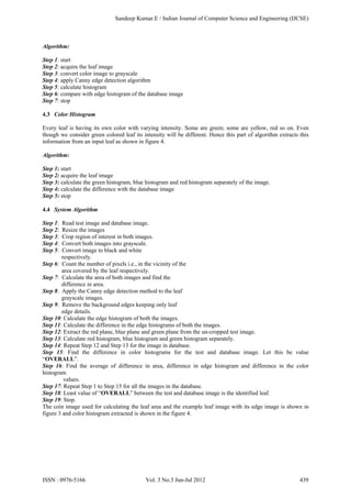 Algorithm:
Step 1: start
Step 2: acquire the leaf image
Step 3: convert color image to grayscale
Step 4: apply Canny edge detection algorithm
Step 5: calculate histogram
Step 6: compare with edge histogram of the database image
Step 7: stop
4.3 Color Histogram
Every leaf is having its own color with varying intensity. Some are green; some are yellow, red so on. Even
though we consider green colored leaf its intensity will be different. Hence this part of algorithm extracts this
information from an input leaf as shown in figure 4.
Algorithm:
Step 1: start
Step 2: acquire the leaf image
Step 3: calculate the green histogram, blue histogram and red histogram separately of the image.
Step 4: calculate the difference with the database image
Step 5: stop
4.4 System Algorithm
Step 1: Read test image and database image.
Step 2: Resize the images
Step 3: Crop region of interest in both images.
Step 4: Convert both images into grayscale.
Step 5: Convert image to black and white
respectively.
Step 6: Count the number of pixels i.e., in the vicinity of the
area covered by the leaf respectively.
Step 7: Calculate the area of both images and find the
difference in area.
Step 8: Apply the Canny edge detection method to the leaf
grayscale images.
Step 9: Remove the background edges keeping only leaf
edge details.
Step 10: Calculate the edge histogram of both the images.
Step 11: Calculate the difference in the edge histograms of both the images.
Step 12: Extract the red plane, blue plane and green plane from the un-cropped test image.
Step 13: Calculate red histogram, blue histogram and green histogram separately.
Step 14: Repeat Step 12 and Step 13 for the image in database.
Step 15: Find the difference in color histograms for the test and database image. Let this be value
“OVERALL”.
Step 16: Find the average of difference in area, difference in edge histogram and difference in the color
histogram
values.
Step 17: Repeat Step 1 to Step 15 for all the images in the database.
Step 18: Least value of “OVERALL” between the test and database image is the identified leaf.
Step 19: Stop.
The coin image used for calculating the leaf area and the example leaf image with its edge image is shown in
figure 3 and color histogram extracted is shown in the figure 4.
Sandeep Kumar.E / Indian Journal of Computer Science and Engineering (IJCSE)
ISSN : 0976-5166 Vol. 3 No.3 Jun-Jul 2012 439
 