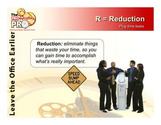R = Reduction
                                Plug time leaks
                                Plug time leaks



 Reduction: eliminate things
that waste your time, so you
can gain time to accomplish
what’s really important.
 