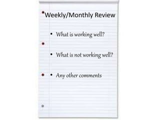 Weekly/Monthly Review
• What is working well?
• What is not working well?
• Any other comments
 