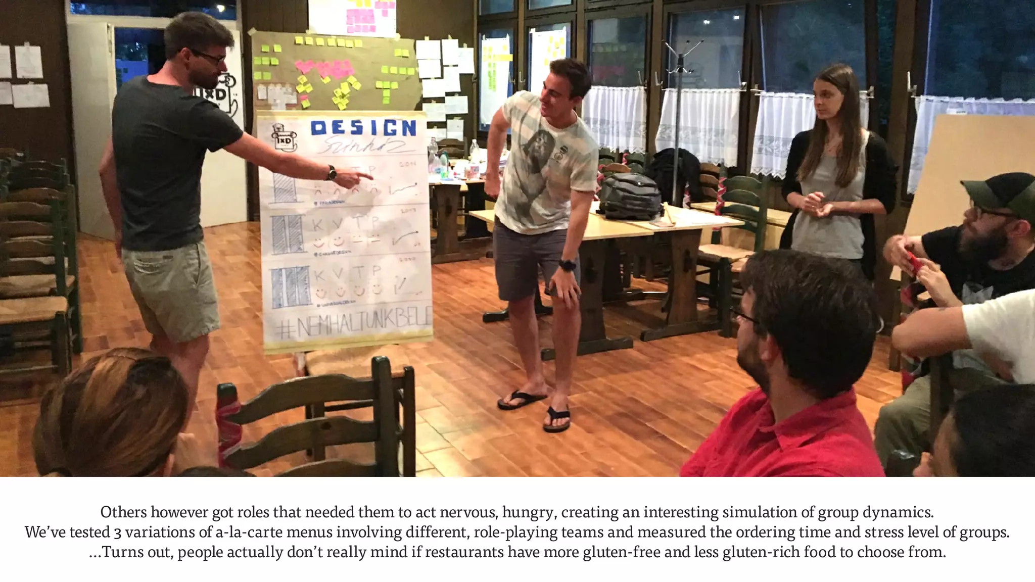 Others however got roles that needed them to act nervous, hungry, creating an interesting simulation of group dynamics.  
We’ve tested 3 variations of a-la-carte menus involving different, role-playing teams and measured the ordering time and stress level of groups.  
…Turns out, people actually don’t really mind if restaurants have more gluten-free and less gluten-rich food to choose from.
 
