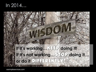 In 2014…

If it’s working…
If it’s not working…
or do it
vasimpleservices.com

doing it!
doing it…

 
