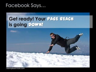 Facebook Says…
Get ready! Your PAGE REACH
is going DOWN!

vasimpleservices.com

 