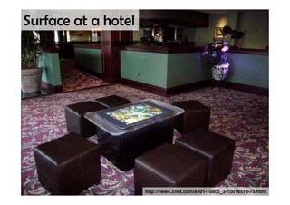 Surface at a hotel




                     http://news.cnet.com/8301-10805_3-10016573-75.html
 