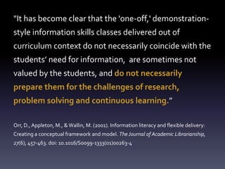 "It has become clear that the 'one-off,' demonstration-
style information skills classes delivered out of
curriculum context do not necessarily coincide with the
students’ need for information, are sometimes not
valued by the students, and do not necessarily
prepare them for the challenges of research,
problem solving and continuous learning.”
Orr, D., Appleton, M., & Wallin, M. (2001). Information literacy and flexible delivery:
Creating a conceptual framework and model. The Journal of Academic Librarianship,
27(6), 457-463. doi: 10.1016/S0099-1333(01)00263-4
 