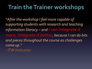 Train theTrainer workshops
“After the workshop I feel more capable of
supporting students with research and teaching
information literacy – and I can integrate it
more, integrate it better, because I can do bits
and pieces throughout the course as challenges
come up.”
- ITW Instructor
 