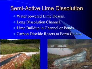 Semi-Active Lime Dissolution
 Water powered Lime Dosers.
 Long Dissolution Channel.
 Lime Buildup in Channel or Ponds.
 Carbon Dioxide Reacts to Form Calcite.
 