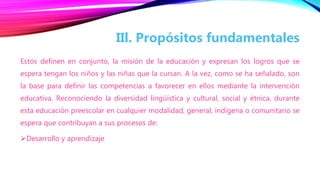 Estos definen en conjunto, la misión de la educación y expresan los logros que se
espera tengan los niños y las niñas que la cursan. A la vez, como se ha señalado, son
la base para definir las competencias a favorecer en ellos mediante la intervención
educativa. Reconociendo la diversidad lingüística y cultural, social y étnica, durante
esta educación preescolar en cualquier modalidad, general, indígena o comunitario se
espera que contribuyan a sus procesos de:
Desarrollo y aprendizaje
IIl. Propósitos fundamentales
 