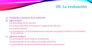a) Finalidades y funciones de la evaluación
b) ¿Qué evaluar?
El aprendizaje de los alumnos
El proceso educativo en el grupo y la organización del aula.
La practica docente
La organización y el funcionamiento de la escuela, incluyendo la relación con las familias
de los alumnos.
c) ¿Quiénes evalúan?
La participación de los niños en la evaluación.
La participación de las madres y los padres de familia
La participación del personal directivo del centro o zona escolar
Vll. La evaluación
 