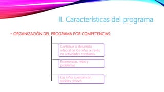 • ORGANIZACIÓN DEL PROGRAMA POR COMPETENCIAS
II. Características del programa
Contribuir al desarrollo
integral de los niños a través
de actividades cotidianas.
Experiencias, retos y
problemas.
Los niños cuentan con
saberes previos.
 