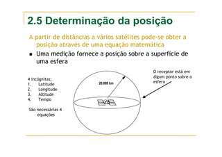 2.5 Determinação da posição
A partir de distâncias a vários satélites pode-se obter a
posição através de uma equação matemática
Uma medição fornece a posição sobre a superfície de
uma esfera
4 incógnitas:
1. Latitude
2. Longitude
3. Altitude
4. Tempo
São necessárias 4
equações
O receptor está em
algum ponto sobre a
esfera
20.000 km
 