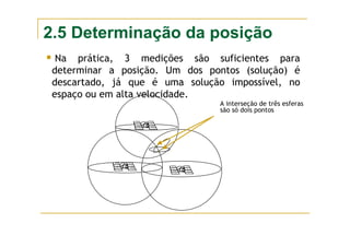 2.5 Determinação da posição
Na prática, 3 medições são suficientes para
determinar a posição. Um dos pontos (solução) é
descartado, já que é uma solução impossível, no
espaço ou em alta velocidade.
A interseção de três esferas
são só dois pontos
 