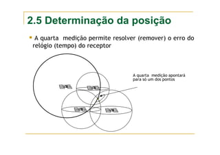 2.5 Determinação da posição
A quarta medição permite resolver (remover) o erro do
relógio (tempo) do receptor
A quarta medição apontará
para só um dos pontos
 
