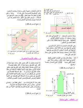 فيصرلا ىوتسم ذخؤي مدع لاح يف قيرطلا وأ يلوطلا عطقملا ىوتسم وأ ،فيصر دوجوطيطختلل ىلع ءادتبإ ةطقنك ةهجاولا طسو ىلع .روكذملا يدوماعلا طخلا نيب عافترلاا ناك اذإ ،ةردحنملا تاقرطلا يفو أزجت فصنو راتمأ ةثلاث نع ديزي ةهجاولا يفرط اهيفرط نيب عافترلاا ىدعتي لا ماسقأ ىلإ ةهجاولا طسو ىلع يدوماع طخ ذخؤيو فصنو راتمأ ةثلاث.ةدح ىلع مسق لك - أ2- طخلل يولعلا فرطلا نم دتمي لئام طخب ىلع ًلائام نوكيو ،راقعلا لخاد ةهجل يدوماعلا ةبسنب يقفلأا طخلا5/2) نينثإل ةدعاق ةسمخ .(عافترإ مقر مسرلا عجار ) 22( فلاـغلا - ب :ةـحاـس ىـلع دـيدحـتل دـمـتـعـي ،ةـحاـس ىـلـع ةـهجاو راـقـعـلـل ناـك اذإـلا هذه ىلـع ةـيدوـمـعلا طوـطـخلا وـلـعةحاس ىلعو قمعب اهنع ةعرفتملا قرطلا30 نع عجارتلا دودح نم م ، ةحاسلا نـع ةعرـفـتملا ةـعس رثكلأا قـيرـطلا ضرـع.ةـضورـفـملا اـهـتاـعـجارـت عـم ةـحاـسلا مقر مسرلا عجار ) 23( 
ج - غـلاف الأبـنـيـة الخـلفـيــة: 
إذا شيدت بنايتان أو أكثر ضمن عقار واحد، منها بناية أو 
أكثر على الطريق، ومنها بناية أو أكثر خلفية مفصولة 
عن الأولى بفسحة داخلية وتطل على الطريق فوق سطح 
البناية الأولى، يمكن لهذه الأبنية الخلفية الاستفادة من خط 
غلاف الطريق، شرط أن لا تقل المسافة الفاصلة بين 
البناءين عن 4,5 م وأن لا يزيد إرتفاع الأبنية القائمة على 
الطريق عن خمس مرات المسافة التي تفصلها عن الأبنية 
الخلفية (عرض الفسحة) ضمن الحدود القصوى للغلاف. 
يقاس هذا الارتفاع إبتداء من أوطى نقطة من واجه تي 
البناءين بتماس أرض الفسحة النهائية بعد التسوية، 
ويشترط أن تكون الفسحة قانونية وفقا للبند "ثاني ا"ً من هذه 
المادة. 
( ( راجع الرسم رقم 24 
 