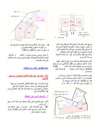 ءانبلا مدعب ةقفترملا ةكرتشملا تاحسفلا تحت حمسُي ةمودرملا ةيلفسلا قباوطلا ءاشنإب ءاوهلاو رونلاب وأ يتلا ةصاخلا طورشلا عم ضراعتي كلذ نكي مل اذإ ، ةقطنملا يف ءانبلا ةمظنأ عمو اهئاشنإب تضق دنبلا ماكحأب ديقتلا عم كلذو2 ةعساتلا ةداملا نم د ـ .موسرملا اذه نم اهيلع رظنلا عوقو ىدم ذخلأ ةينوناق ةحسفلا ربتعت نع اهتحاسم لقت لا امدنع30م 2 ( ًاعبرم ًارتم نيثلاث) ايندلا هـتاـساـيـق ًلاـيطـتـسم بعوـتـستو4,50 x5,50 فصنو راتمأ ةعبرأ) .مx راتمأ ةسمخ . (فصنو نم اهاوسب لصتت لا املاط ةلقتسم ةحسفلا ربتعت ضرعب ىرخأ تاحسفب لصتت تناك اذا وأ تاحسفلا نع لقي4,50.م .( فصنو راتمأ ةعبرأ) مسرلا عجار )ني مقر 31 و أ ـ31 ب ـ ( 
5 (واحد قاعدة لخمسة إرتفاع) يمتد / 2 - بخط مائل 1 
من الطرف العلوي للخط العامودي . 
( ( راجع الرسمين رقم 28 ورقم 29 
لا يدخل عرض مجاري المياه أو الأقنية أو الأملاك 
العامة الملاصقة للفسحات القانونية في حساب علو الغلاف 
على هذه الفسحات. 
المادة الثامنة - النتوء عن الغـلاف 
أولا - النتوءات على الخط الغلافي المنصوب من جهة 
الطريق: 
تحدد النتوءات على الخط الغلافي المنصوب من جهة 
الطريق (يدخل في حساب عرض الطريق التراجع 
الاجباري المفروض ولا يدخل فيه التراجع الاختياري من 
قبل المالك) كما يلي: 
أ : الشرفات الحرة غير المقفلة: 
أ- 1 - على الطريق التي ق تل سع ه تا عن تسعة أمتار يمنع 
أي نـتــوء. 
أ- 2 - على الطرقات التي تساوي أو تزيد سع ه تا عن 
تسعة أمتار، يـسـمح بنـتـوء أقصى قدره 1,05 م. (متر 
وخمسة سنتيمترات). 
 
