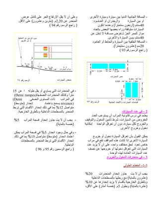 - ةيبناجلا ةفاسملا ايندلا ةرايس نيبوىرخلأا ةرايس ةرايسلا نيب والاو ناردج :دوـماـعلا وأ 40 نوكت امدنعو ( ًارتمتنس نوعبرأ) متنس هاجتإب ضعبلا اهضعب ءارو ةفقوتم تارايسلا نع لـقـت لا ةـفاـسم ضرفـُــت ّرحلا رمملل زاوم40.ىرخلأاو ةرايسلا نـيـب متنس دوماعلا وأ طئاحلاو ةرايسلا نيب ةيفلخلا ةفاسملا - 20 .( ًارتميتنس نورشع) مس مقر مسرلا عجار )93 ( 
2 - في عدد السيارات 
يعتمد في درس قانونية المرآب أن يستوعب العدد 
المفروض من السيارات، شرط تأمين الدخول والتوقيف 
والخروج لكل سيارة، دون أن تعرقل الواحدة إمكانية 
دخول وخروج الأخرى. 
يمكن القبول بأن تعرقل السيارة دخول أو خروج 
السيارة الأخرى إذا كانت هذه المواقف تقع في مرآب 
خاص تعود لحق مختلف واحد، على أن لا يزيد عدد 
السيارات التي تعرقل دخولها أو خروجها عن نصف 
عدد السيارات العائدة لهذه الوحدة . 
3 - في منحدرات الدخول والخروج 
-1-3 المقطع الطولي 
تي لا نأ بجيزواج تاردحنملا رادحنإ 20 % ةيلخادلا تاحطسملاب اهطبر عم (ةياملاب نورشع) نع اهرادحنإ ديزي لا ماسقأب ةيجراخلا قرطلابو10 % لوطبو (ةياملاب ةرشع)5 ،لقلأا ىلع (راتمأ ةسمخ) .م ضرع لماك ىلع رحلا عافترلإا لقي لا نأ ىلعونع ردحنملا 2,20نيرتم) .منورشعو .لقلأا ىلع ( مقر مسرلا عجار )94 ( 
- في المنحدرات التي يساوي أو يقل طوله ا عن 15 
(Demi rampes) مترا وكذلك المنحدرات النصفية 
(Demi في المرائب ذات المستوى النصفي 
يسمح باعتماد إنحدار (متوسط) niveaux) 
متواصل 12 % بما في ذلك إنحدار الأقسام التي تربط 
المنحدر بالمسطحات الداخلية وبالطرق الخارجية. 
% - يجب أن لا يت جاوز إنحدار فسحة المرآب 5 
(خمسة بالماية). 
- وفي حال وجود انحدار 5% في فسحة المرآب يمكن 
اعتماد انحدار (متوسط) متواصل 15 % بما في ذلك 
إنحدار الأقسام التي تربط المنحدر بالمسطحات 
الداخلية. 
( ( راجع الرسمين رقم 95 و 96 
 