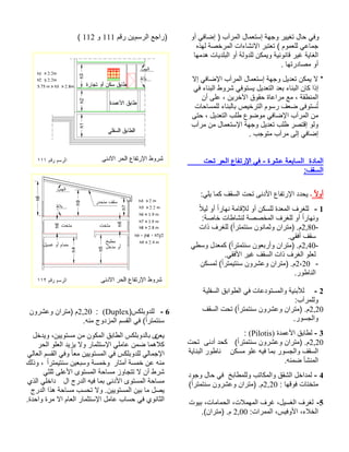 وأ يفاضإ ) بآرملا لامعتسإ ةهجو رييغت لاح يفو هذهل ةصخرملا تاءاشنلاا ربتعت ( مومعلل يعامج اهمده تايدلبلا وأ ةلودلل نكميو ةينوناق ريغ ةياغلا . اهترداصم وأ لاإ يفاضلإا بآرملا لامعتسإ ةهجو ليدعت نكمي لا * يف ءانبلا طورش يفوتسي ليدعتلا دعب ءانبلا ناك اذإ نأ ىلع ، نيرخلآا قوقح ةاعارم عم ، ةقطنملا تاحاسملل ءانبلاب صيخرتلا موسر فعض ىفوتسُت ىتح ، ليدعتلا بلط عوضوم يفاضلإا بآرملا نم بآرم نم لامعتسلإا ةهجو ليدعت بلط رصتقإ ولو . بجوتم بآرم ىلإ يفاضإ ةداملاةعباسلا تحت رحلا عافترلإا يف - ةرشع فقسلا: ًلاوأ ـ :يلي امك فقسلا تحت ىندلأا عافترلإا ددحي 1 - ًلايل وأ ًاراهن ةماقلإل وأ نكسلل ةدعملا فرغلل :ةصاخ تاطاشنل ةصصخملا فرغلل وأ ًاراهنو-2,80 تاذ فرغلل ( ًارتمتنس نونامثو نارتم) .م .يقفأ فقس-2,40 يطسو لدعمك ( ًارتمتنس نوعبرأو نارتم) .م.يقفلأا ريغ فقسلا تاذ فرغلا ولعل -2،20 نكسمل ( ًارتميتنس نورشعو نارتم) .م.روطانلا 2 - ةيلفسلا قباوطلا يف تاعدوتسملاو ةينبلأل :بآرمللو2,20 فقسلا تحت ( ًارتمتنس نورشعو نارتم) .م .روسجلاو 3 - ةدمعلأا قباطل(Pilotis) : 2,20 ( ًارتمتنس نورشعو نارتم) .م ىندأ دحك تحت نكسم ولع هيف امب روسجلاو فقسلاروطان ةيانبلا .هنمض أشنملا 4 - دوجو لاح يف خباطمللو بتاكملاو ققشلا لخادمل : اهقوف تاتختم2,20و نارتم) .منورشع ( ًارتمتنس 5 - تويب ،تامامحلا ،تلامهملا فرغ ،ليسغلا فرغل:تارمملا ،سيفولأا ،ءلاخلا 2,00 .(نارتم) .م مسرلا عجار) ني مقر 111 و 112 ( 
2,20 م (متران وعشرون : (Duplex) 6 - للدوبلكس 
سنتمترا )ً في القسم المزدوج منه. 
يعنى بالدوبلكس الطابق المكون من مستويين، ويدخل 
كلاهما ضمن عاملي الإستثمار ولا يزيد العلو الحر 
الإجمالي للدوبلكس في المستويين معا وفي القسم العالي 
منه عن خمسة أمتار وخمسة وسبعين سنتيمترا ، وذلك 
شرط أن لا تتجاوز مساحة المستوى الأعلى ثلثي 
مساحة المستوى الأدنى بما فيه الدرج ال داخلي الذي 
يصل ما بين المستويين. ولا تحسب مساحة هذا الدرج 
الثانوي في حساب عامل الإستثمار العام الا مرة واحدة. 
 