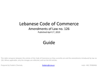 Lebanese Code of Commerce
Amendments of Law no. 126
Published April 1st, 2019
Guide
This table compares between the articles of the Code of Commerce as they currently are and the amendments introduced by law no.
126. Where applicable, only the changes are reflected, and not the full articles.
Prepared by Frederic Chemaly frederic@ccny.co mob: +961 70384466
 