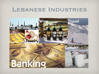 Lebanese Industries
                           Wine    Travel
Oil Refining


Food Procesing   Jewelry
                                  Cement
 