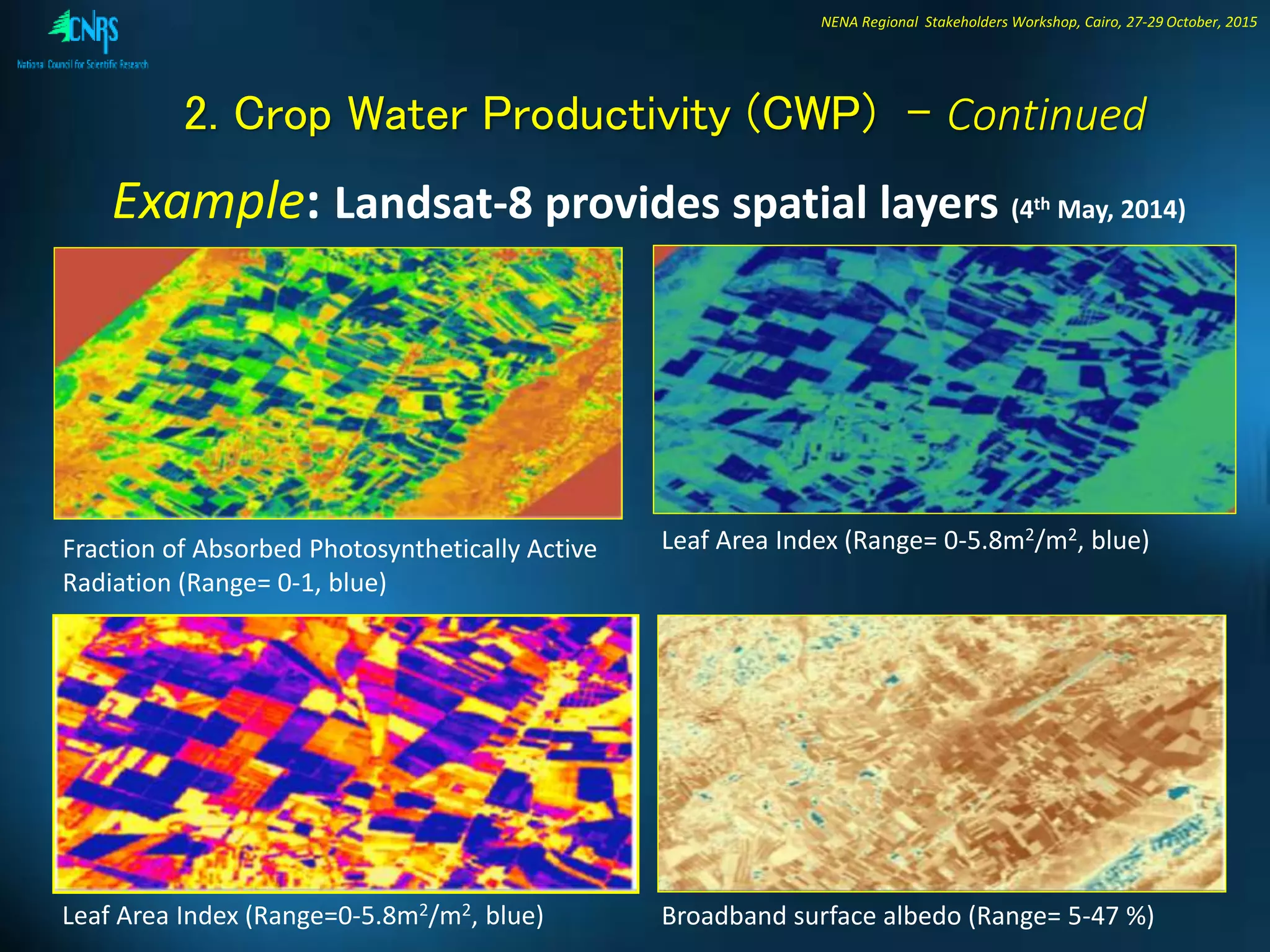 NENA Regional Stakeholders Workshop, Cairo, 27-29 October, 2015
2. Crop Water Productivity (CWP) - Continued
Example: Landsat-8 provides spatial layers (4th May, 2014)
Fraction of Absorbed Photosynthetically Active
Radiation (Range= 0-1, blue)
Leaf Area Index (Range= 0-5.8m2/m2, blue)
Leaf Area Index (Range=0-5.8m2/m2, blue) Broadband surface albedo (Range= 5-47 %)
 