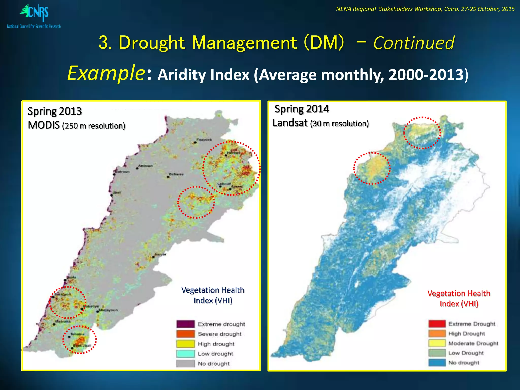NENA Regional Stakeholders Workshop, Cairo, 27-29 October, 2015
3. Drought Management (DM) - Continued
Example: Aridity Index (Average monthly, 2000-2013)
Spring 2013
MODIS (250 m resolution)
Spring 2014
Landsat (30 m resolution)
Vegetation Health
Index (VHI)
Vegetation Health
Index (VHI)
 
